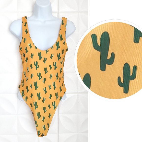 Saguaro Cactus Swimsuit Bodysuit Mustard Yellow High Leg One Piece 8 - Picture 1 of 9